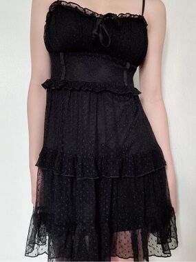 wild fable Black Spotted Ruffle Mini Dress with Bow